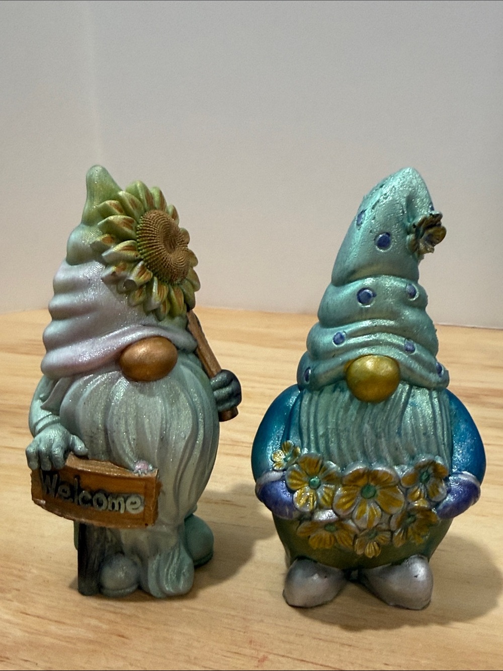 Teal and Aqua Garden Gnome Figurine Duo – Home Art Decor